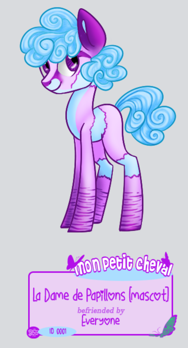 La Dame de Papillons, our purple and blue mascot, befriended by Everyone