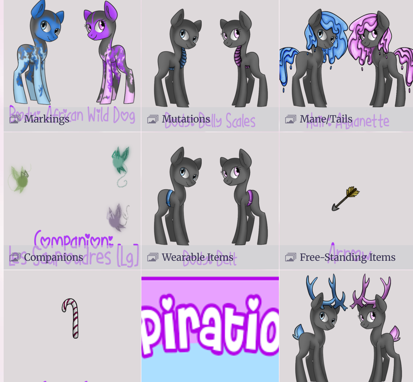Examples of cheval markings, mutations, manes, tails, companions, and items